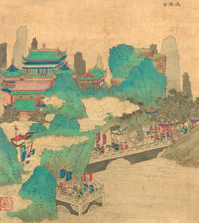 佚名 19世纪 青绿宫庭山水册页（二幅） 册页